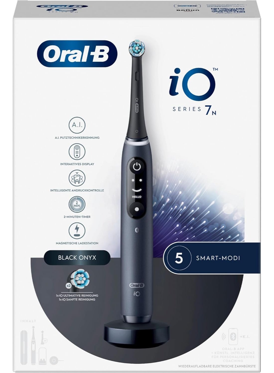 Oral-B iO Series 7 Electric Toothbrush, 2 Replacement Toothbrush Heads, 5 Cleaning Modes for Dental Care, Magnetic Technology, Display & Travel Case, Gift Man/Woman, Designed by Braun, Black Onyx